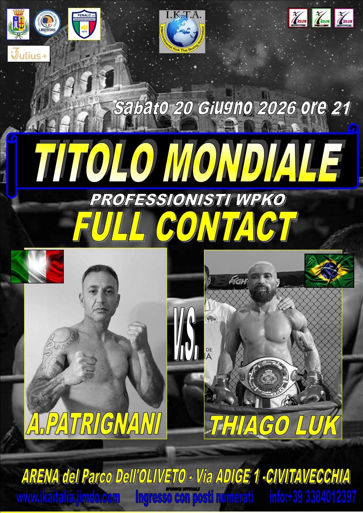 20 giugno 2026, Titolo Mondiale WPKO Full Contact: Patrignani vs Thiago Luk