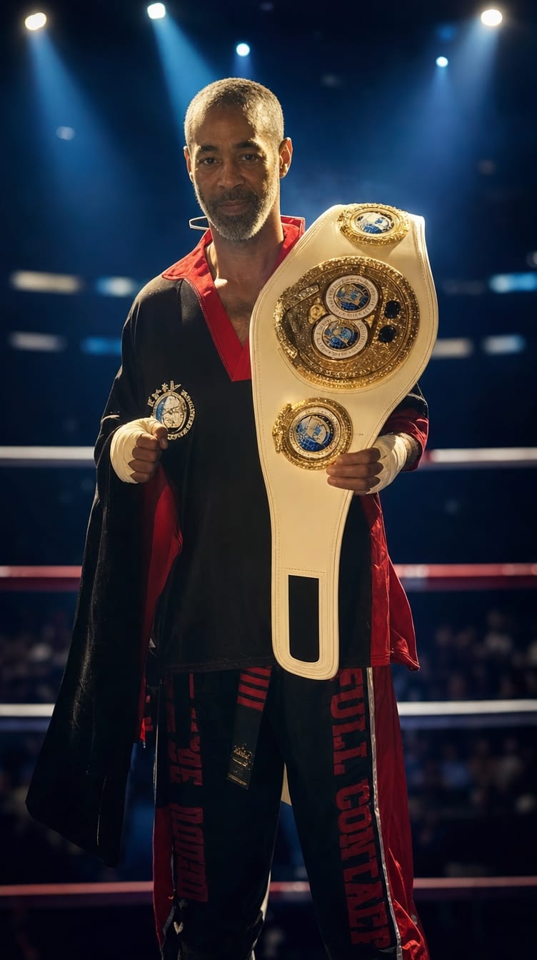 Campione IKTA in piedi sul ring con la cintura del titolo